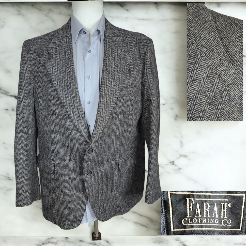 Farah Sport coat Jacket Mens 44R Brown Herringbone Tweed Wool