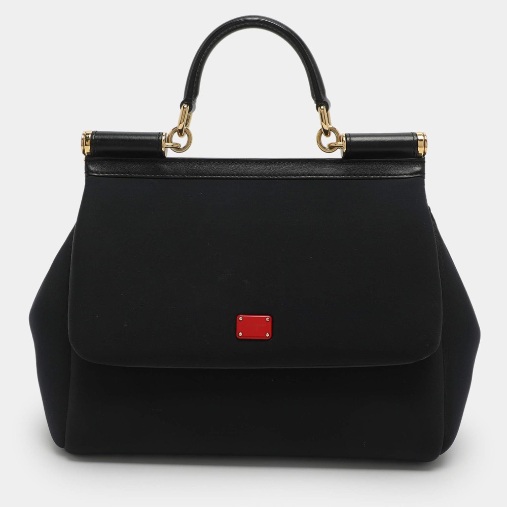 Dolce Gabbana Miss Sicily Medium Black Leather and Neoprene Top Handle