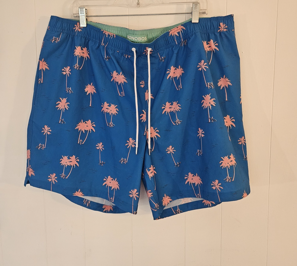 BONOBOS Swim Trunks Men's XXL Blue Pink Shorts Lined Pocket Pink Palm Trees