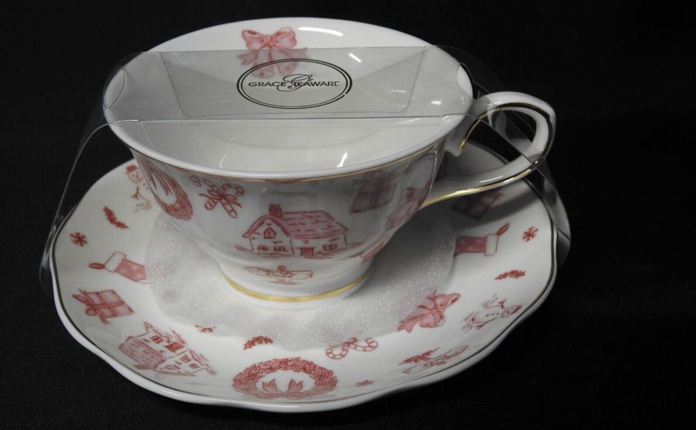 Grace Teaware Country Christmas Red & White Tea Cup & Saucer