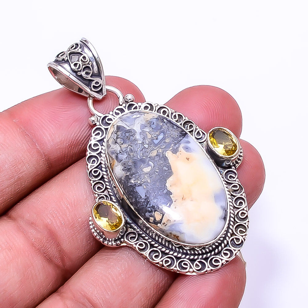 Natural Malingano Jasper and Citrine 925 Sterling Silver Pendant 2.15 Inches