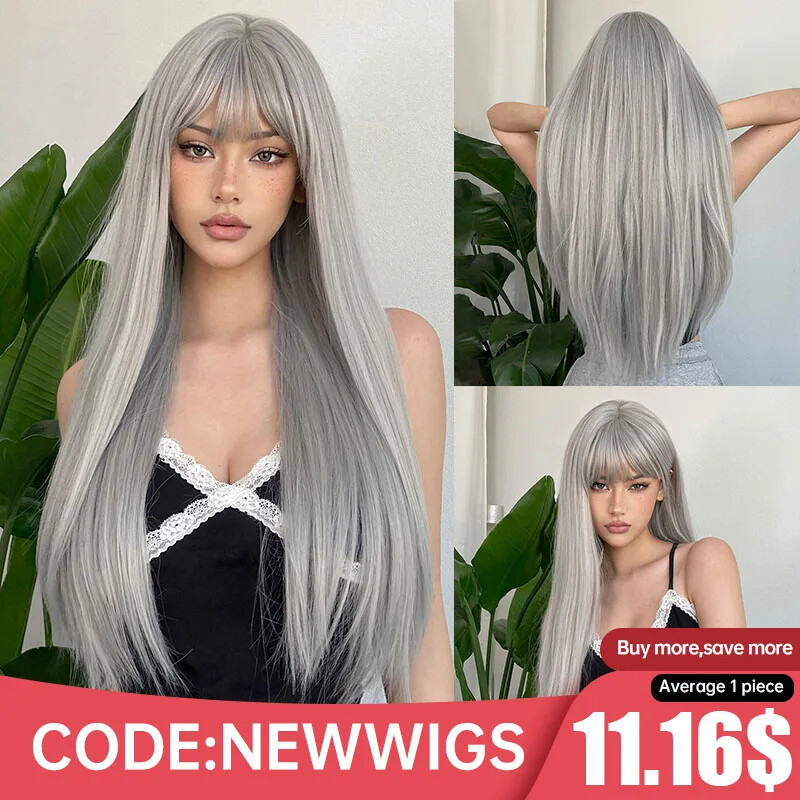 Silver Ash Gray LongStraight Synthetic Wig with Bangs Party Daily Heat Resistant