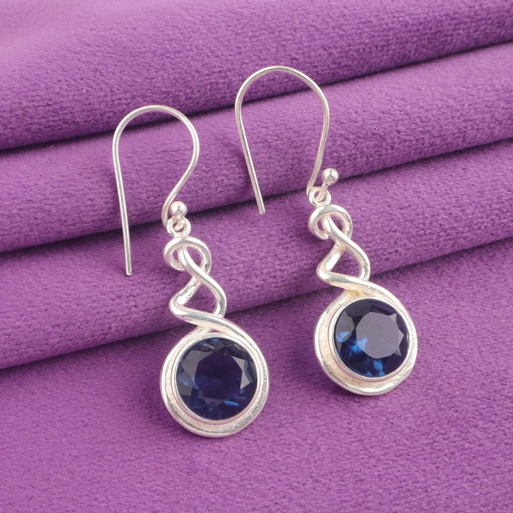 London Blue Topaz Stone Sterling Silver Bezel Drop Dangle Hook Earrings Jewelry