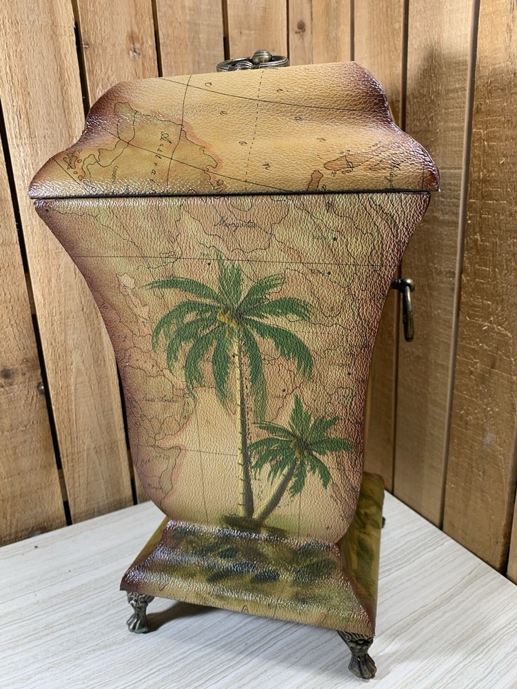 Palm Tree Tropical Wood Footed Trash Can Storage Container with Lid 15