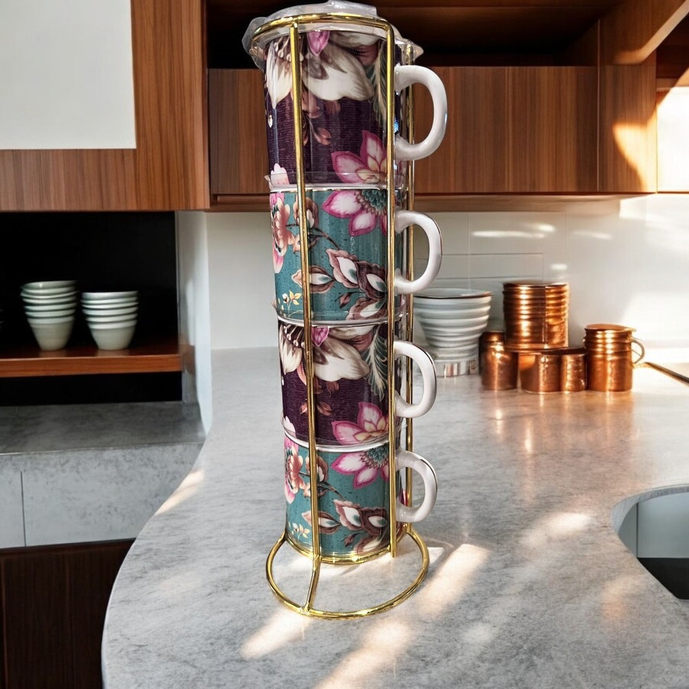 Grace's Teaware Floral  Beauty Stackable Tea/Coffee/Espresso Cups With Stand