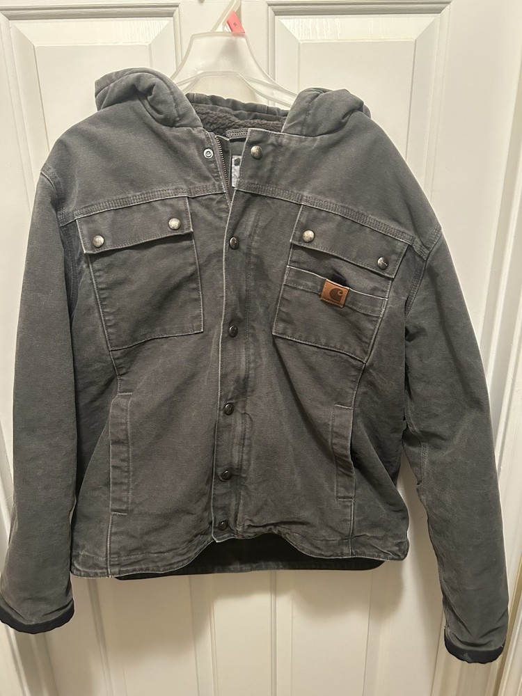 Carhartt Sherpa-Lined Utility Jacket in Grey Washed Duck Relaxed Fit Mens Large