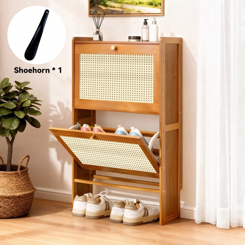 Slim Bamboo Shoe Cabinet Rattan Flip Drawer Storage Organizer Hallway Shoehorn