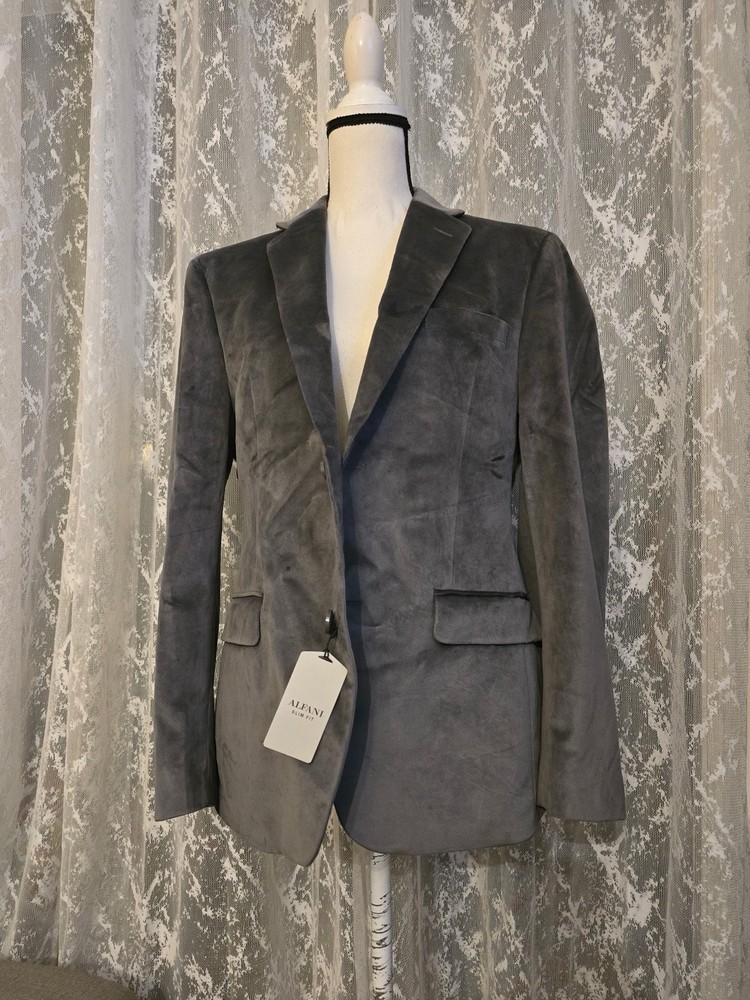 Alfani Men's Slim Fit Solid Velvet Sport Coat Blazer Grey 38S