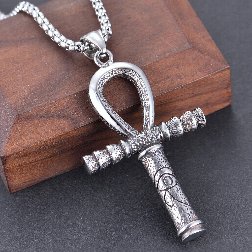 Mens Egyptian Ankh Cross Pendant Necklace Stainless Steel Eye Of Horus Chain
