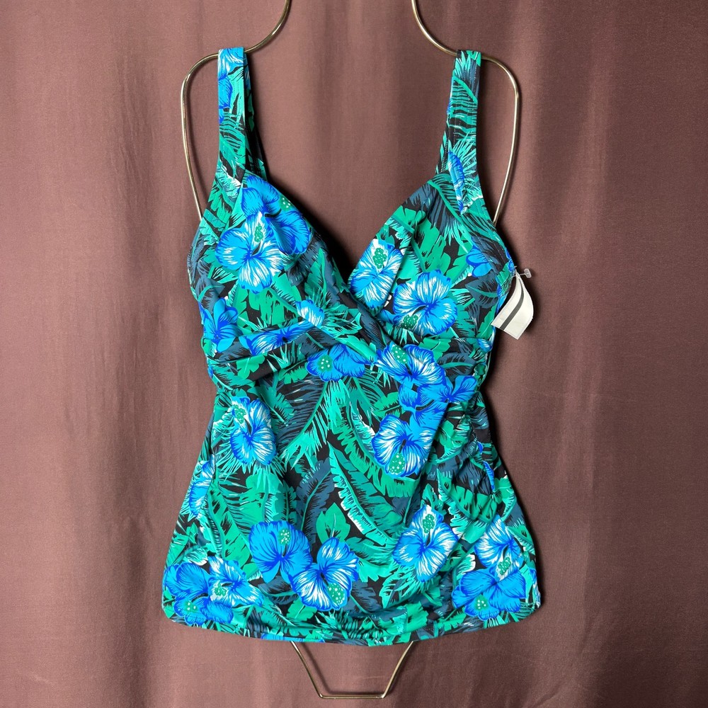 Lands End Womens Floral Wrap Underwire Adjustable V-Neck Tankini Swimsuit Top