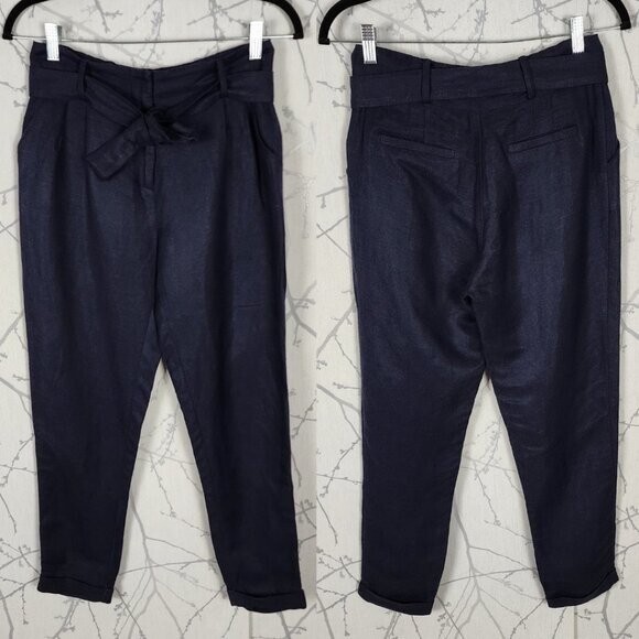 FRNCH Navy Linen Blend Tie Front Pleated High Rise Tapered Trousers | Women's XS