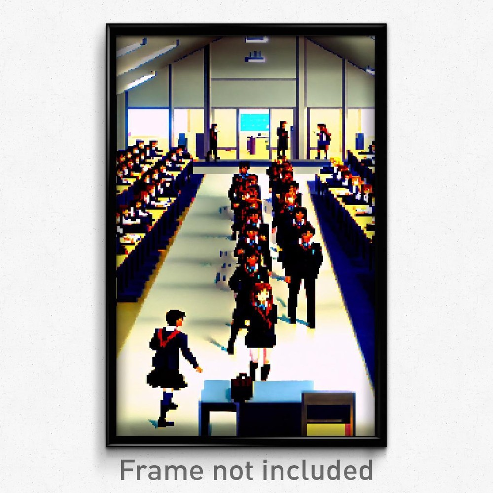 Pixel Art Poster - Bustling School (8 Bit Psychedelic Trippy Video Game Print)