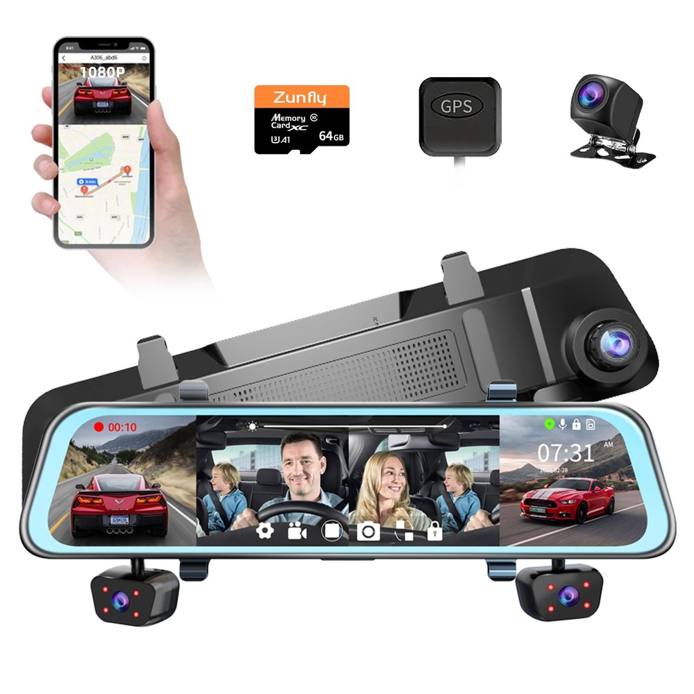 4 Channel Mirror Dash Cam, Dash Cam Front and Rear/Inside, 12’’ FHD 1080Px4 R...