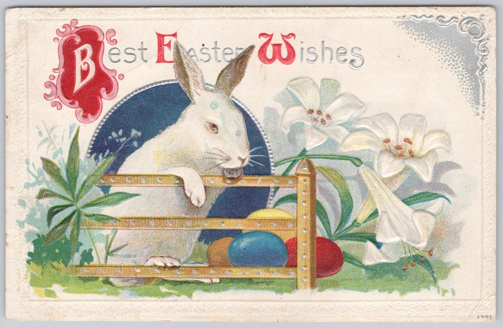 Easter Greetings Divided Back Embossed Postcard Rabbit Eggs Flowers