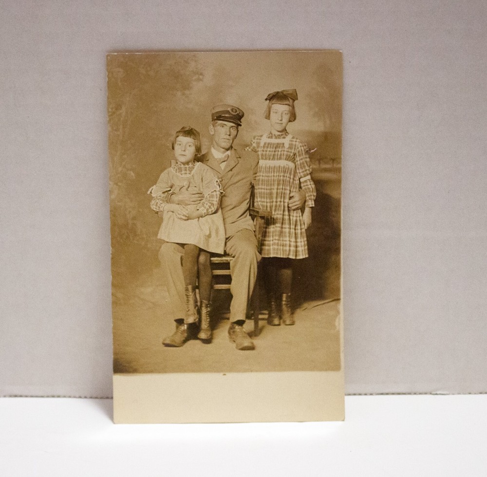 Vintage B&W Studio Portrait Father in Uniform with Two Daughters RPPC Postcard