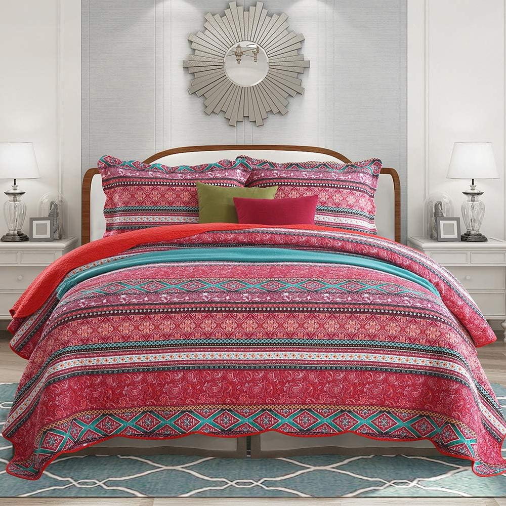 Cotton Bedspread Quilt Sets-Reversible Patchwork Coverlet Set, Striped Bohemian