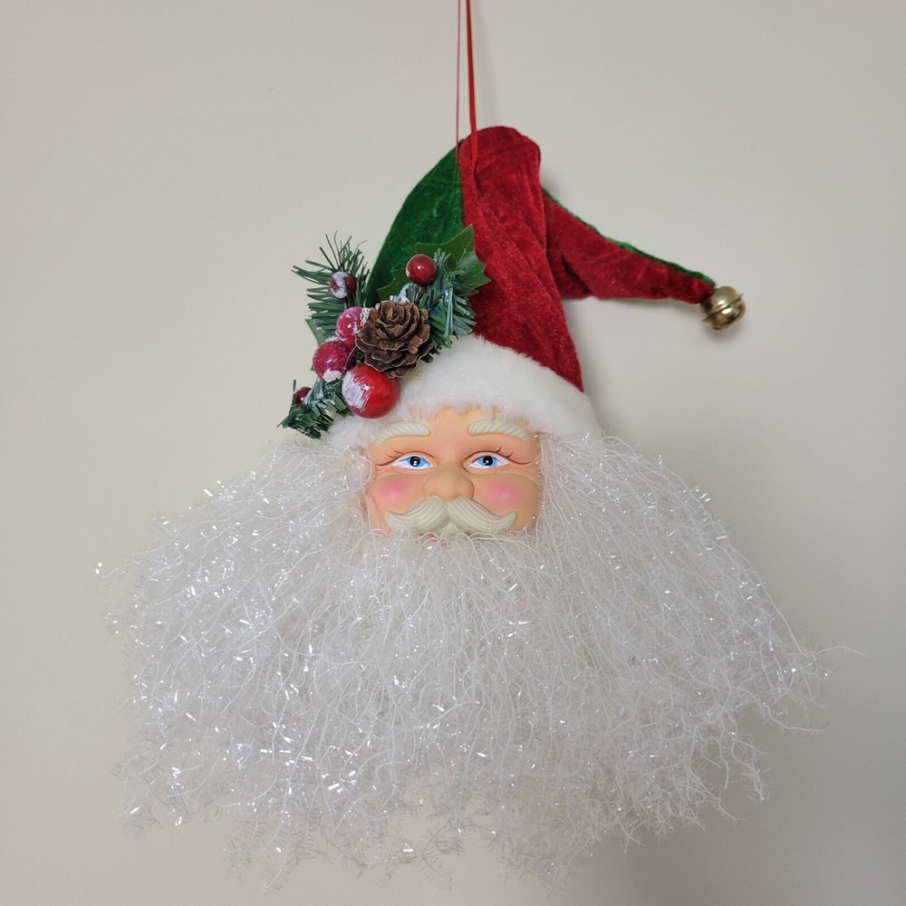 Vintage LG Santa Face Ornament with Velvet Cap Jingle Bell and Greenery for Door Wall or Tree