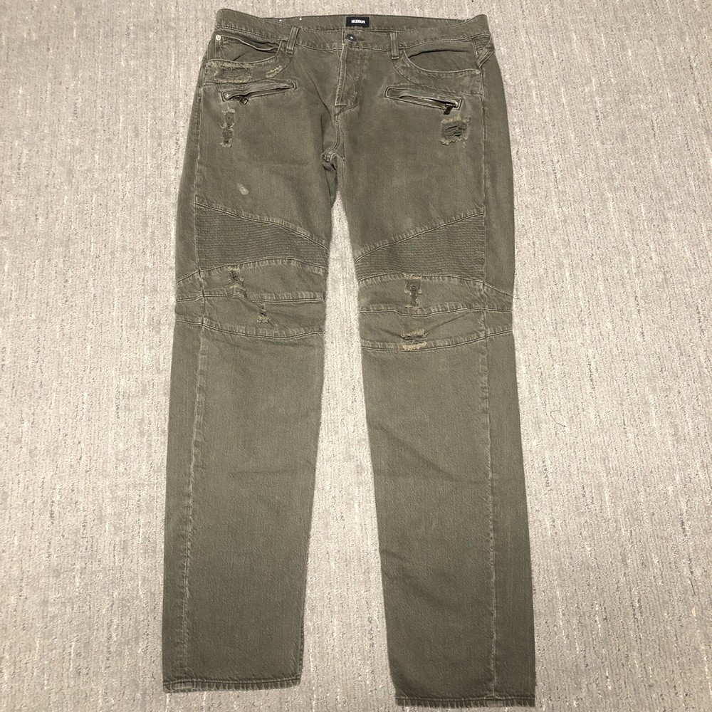 Hudson Blinder Skinny Biker Jeans Men’s Size 38 Olive Button Fly Distressed Moto