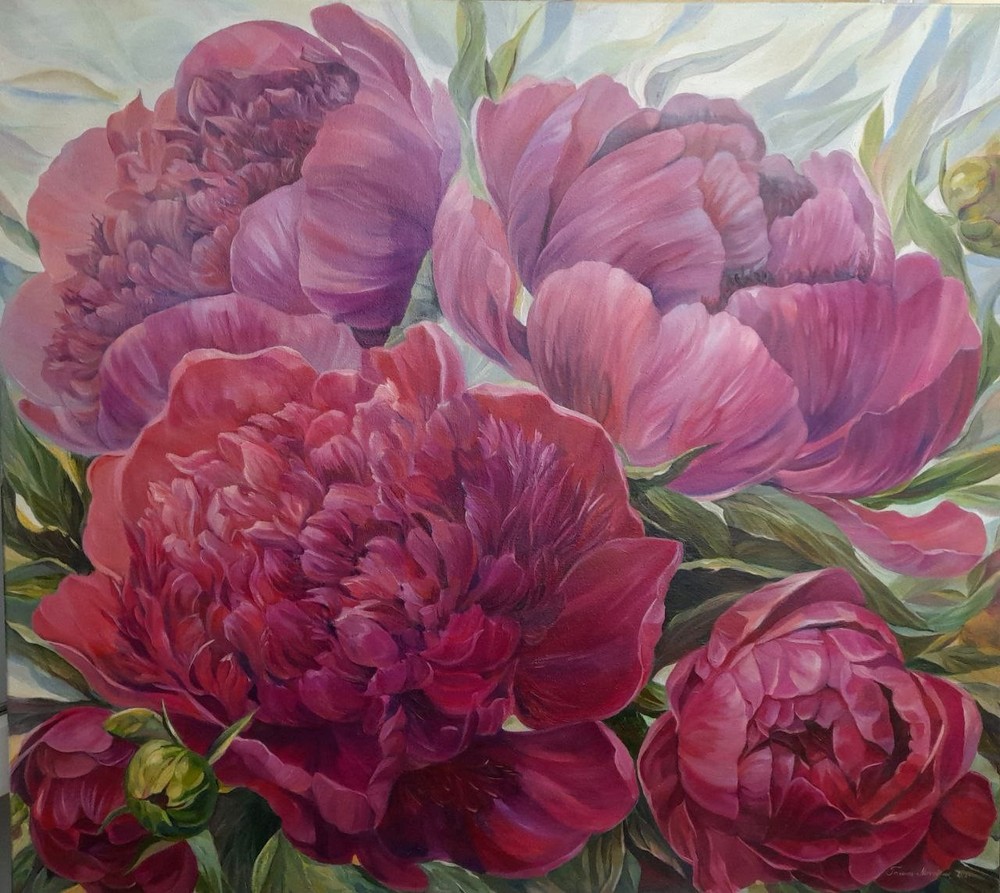 art 374 original painting 85x95 cm oil on canvas flowers peonies