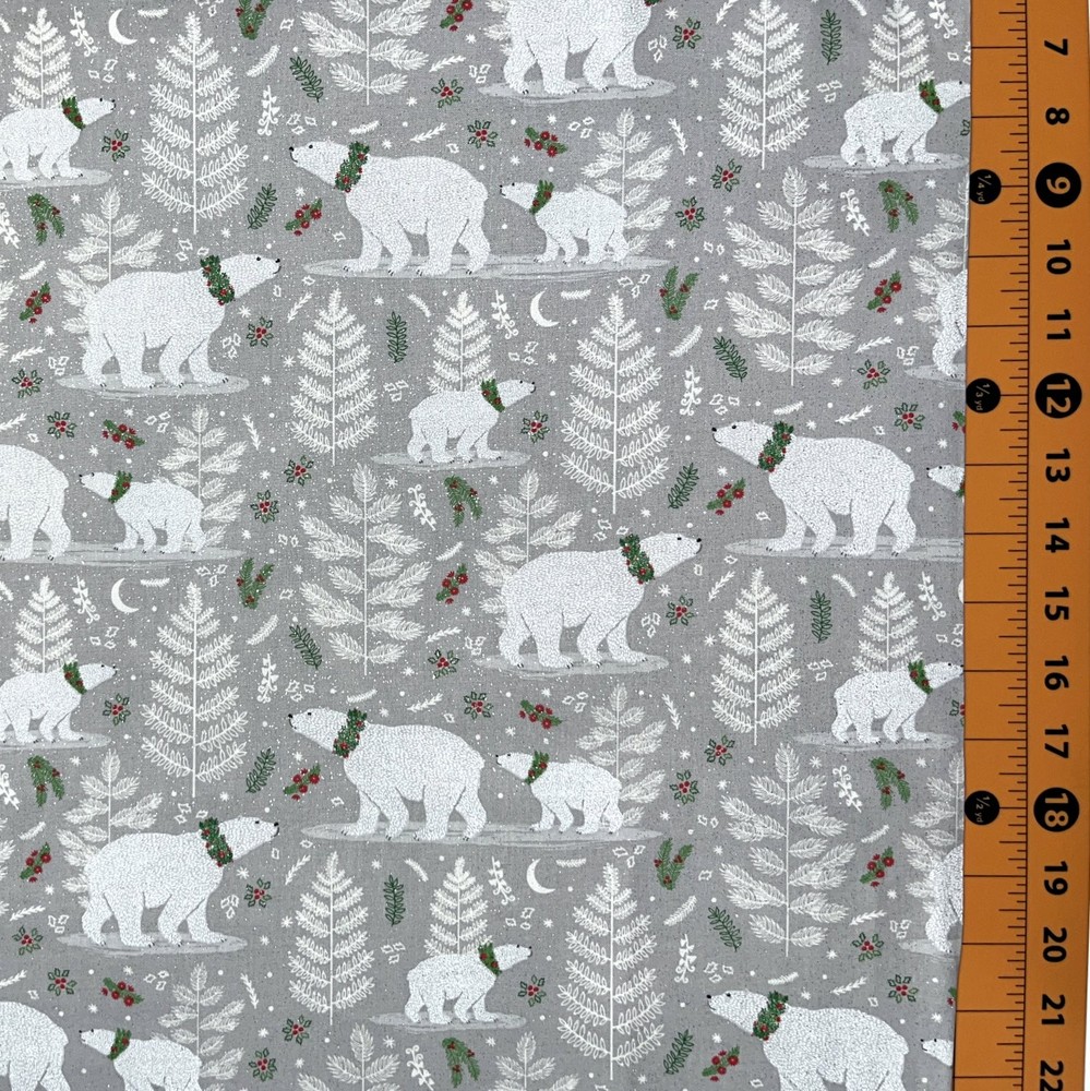 Fabric Traditions Christmas Polar Bear and Trees Gray Glitter Fabric by the Yard