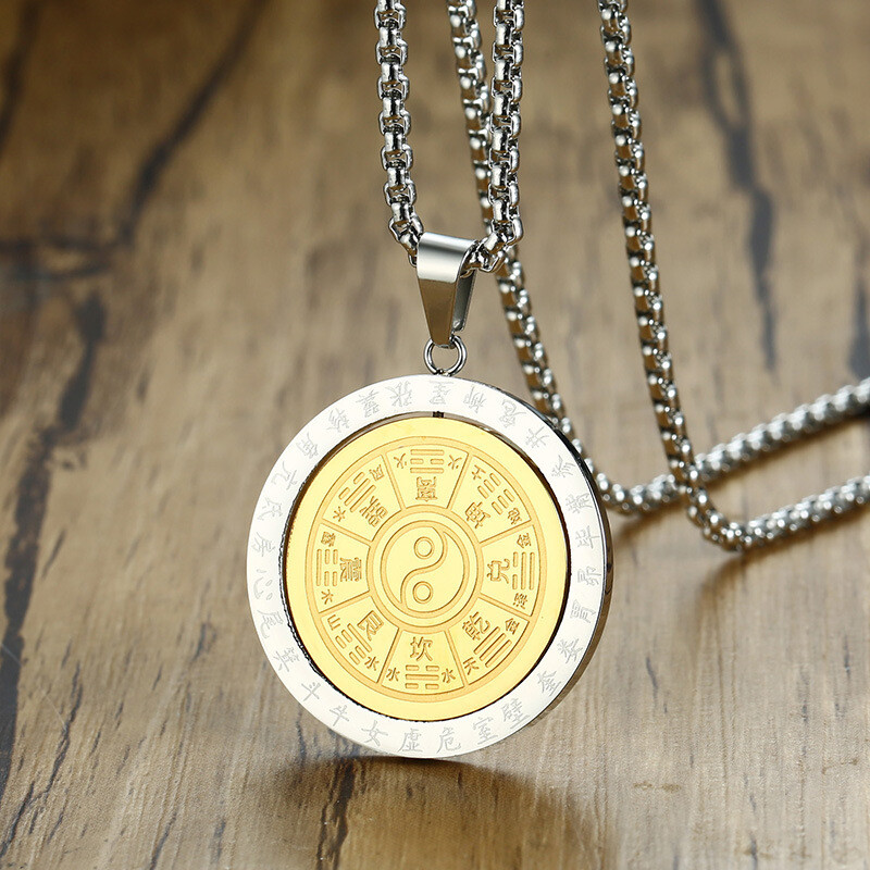 Totem Titanium Steel 360 Degree Rotation Bagua Pendant Men's Necklace Jewelry