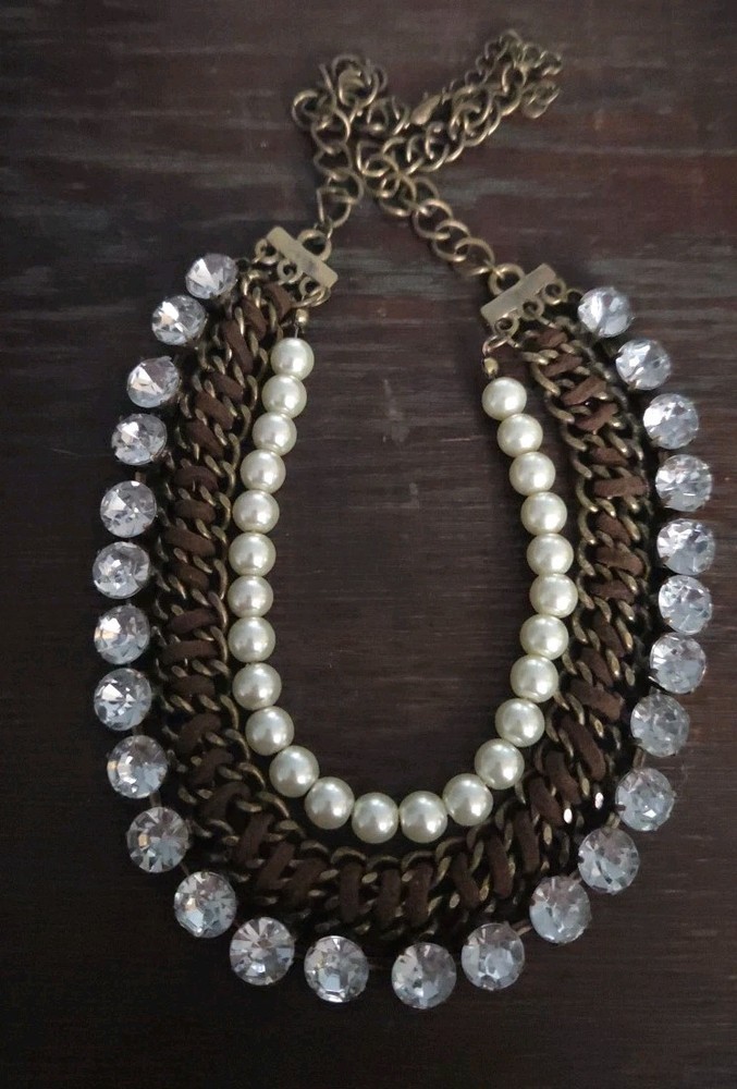 Vintage Napier Necklace Gold Tone Multi-Chain Faux Pearl Rhinestone Crystal