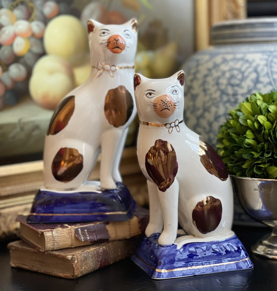 Extremely Rare XL 19C English Staffordshire Copper Luster Mantle Cat Pair 7.5”