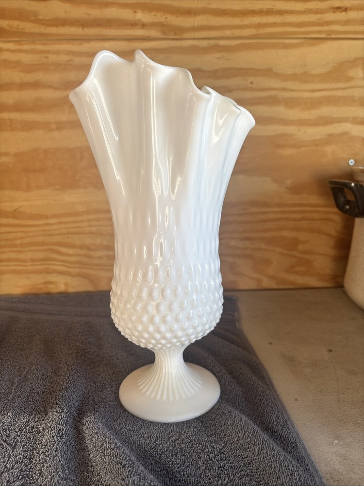 Vintage 13 inch Fenton Milk Glass Vase  Hobnail Handkerchief Swung Vase Signed