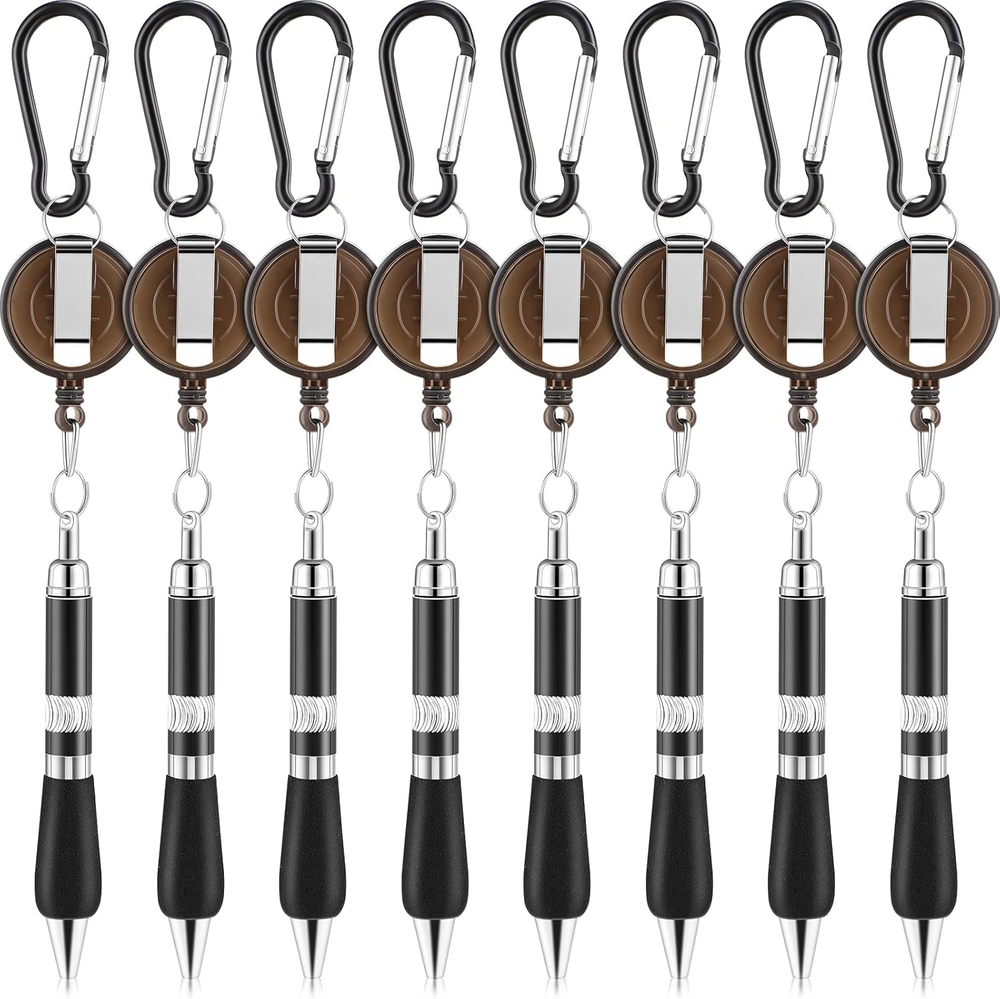 8-Piece Black Carabiner Pens with Belt Clip Keychain & Retractable Badge Reel
