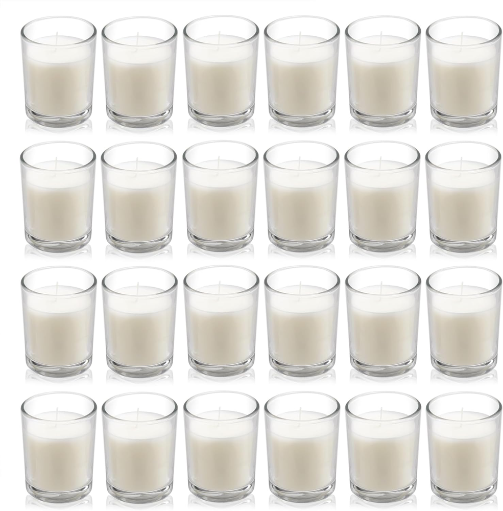 24 Pack Warm White Unscented Glass Votive Candles - Hand Poured Wax