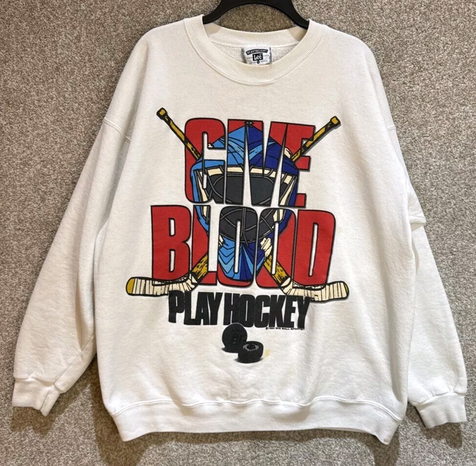 Vintage 90s Lee Mens Give Blood Play Hockey Crewneck Sweatshirt Size XL USA