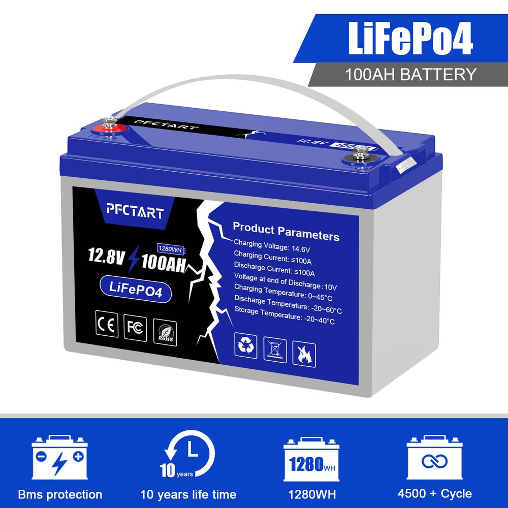 1280Wh 12V 100Ah LiFePO4 Lithium Battery with BMS for Home RV Solar Power