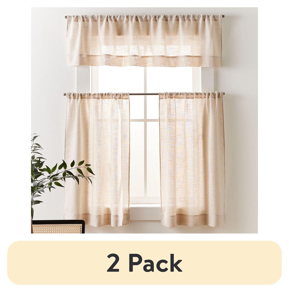 Linen Blend Light Filtering Kitchen Curtain Set with Valance - 2 Pack