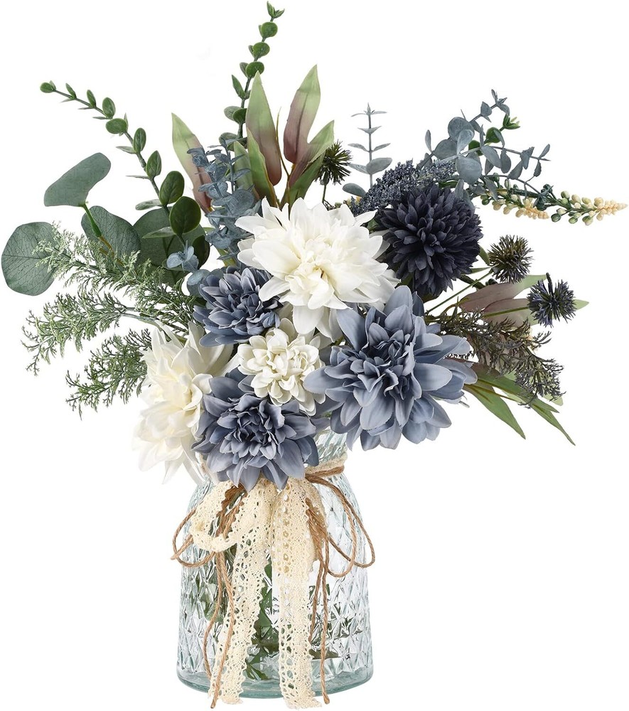 CEWOR Blue and White Artificial Flower Arrangement in Vase