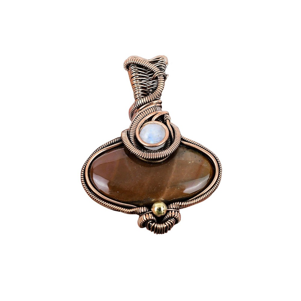 Mothers day Sale Red Jasper Gemstone Rainbow Moonstone Wire Wrap Pendant Copper