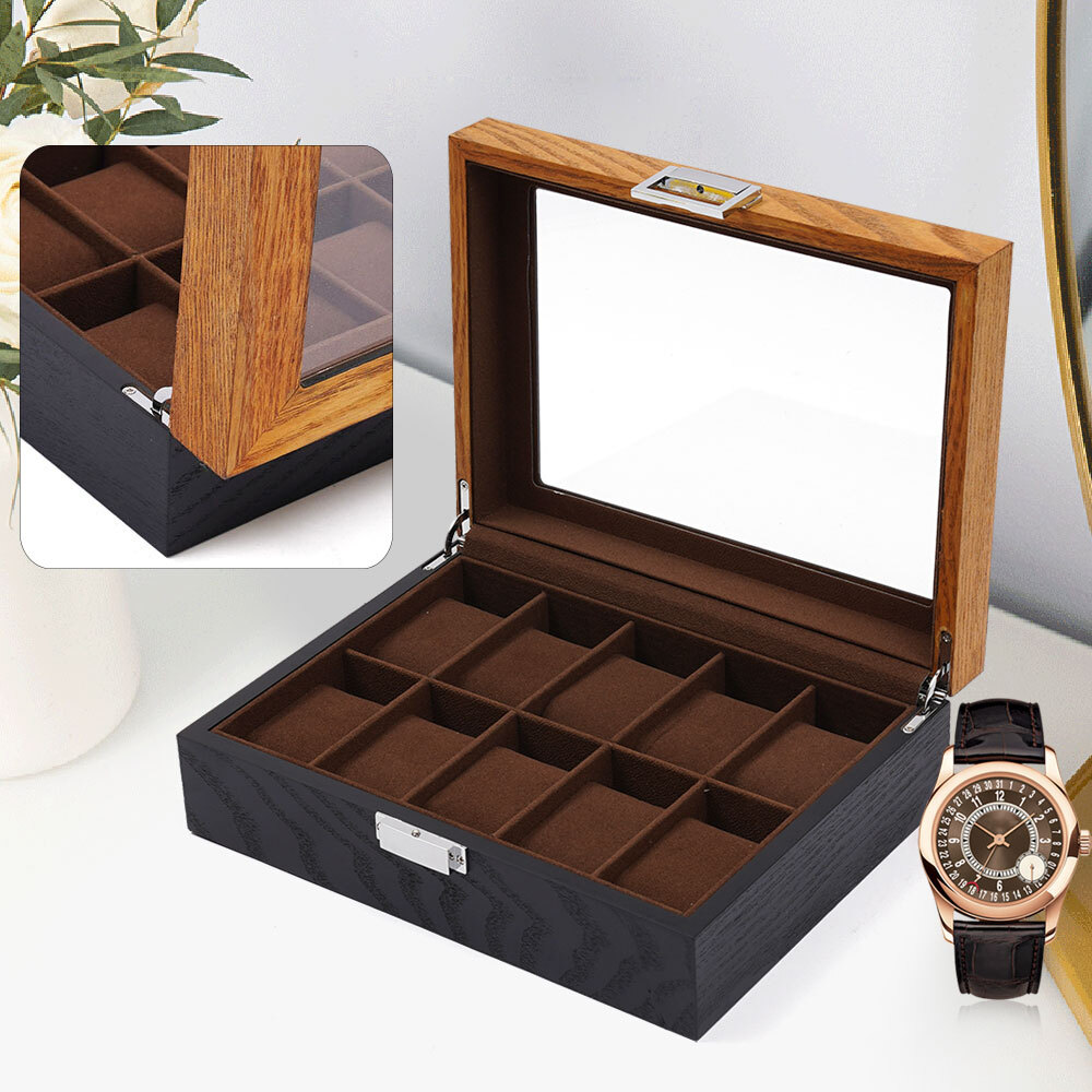 10-Slot Top Glass Watch Box Wooden Organizer Jewelry Box Storage Display Case