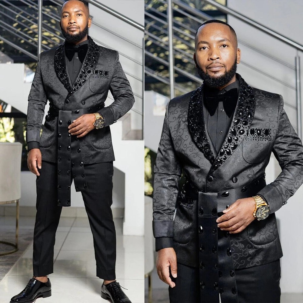 Luxury Slim Fit Rhinestone Beaded Shawl Lapel Suit Set for Men