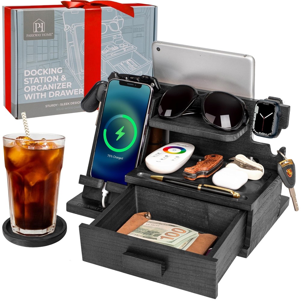 Black Wood Phone Docking Station with Drawer, Compatible with Apple Watch and...