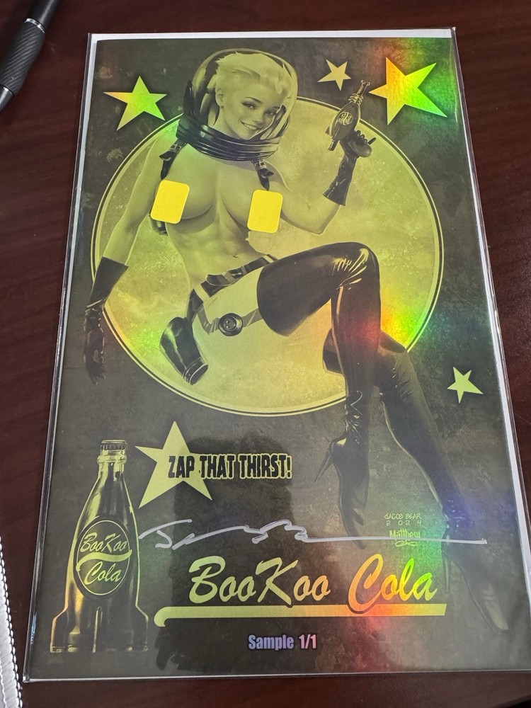 Fallout Nuka Cola Gold Topless 1/1 Sample Signed by Jacob Bear with COA