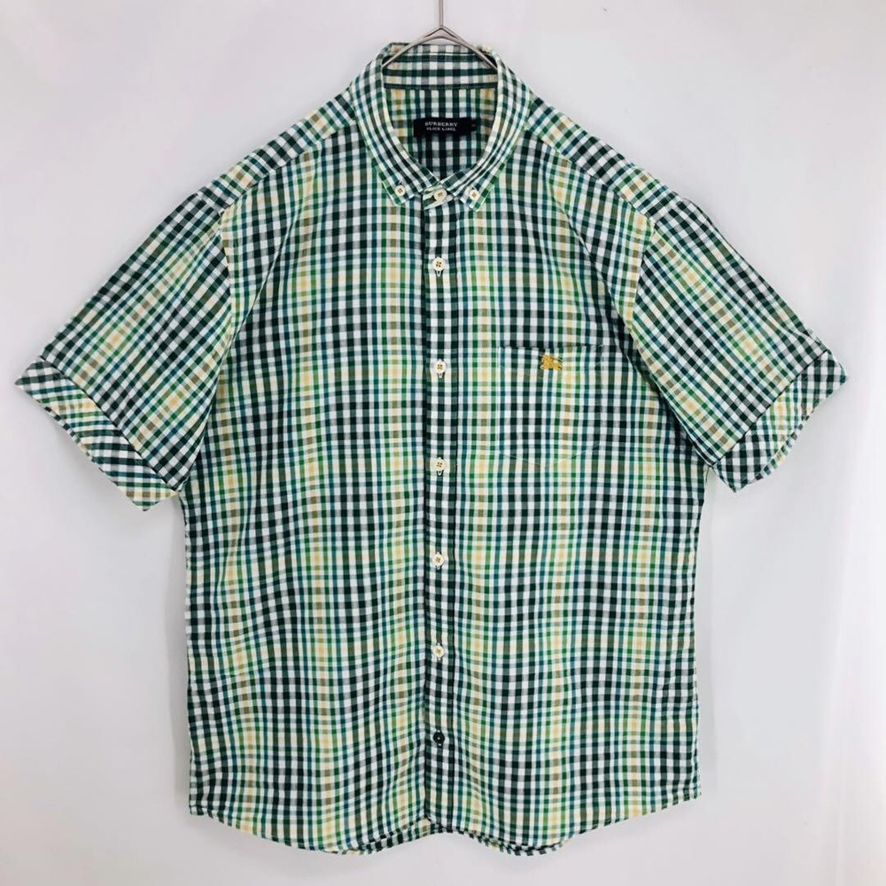 Burberry Seersucker Short Sleeve Check Shirt Cotton Green Men Size 3 Used