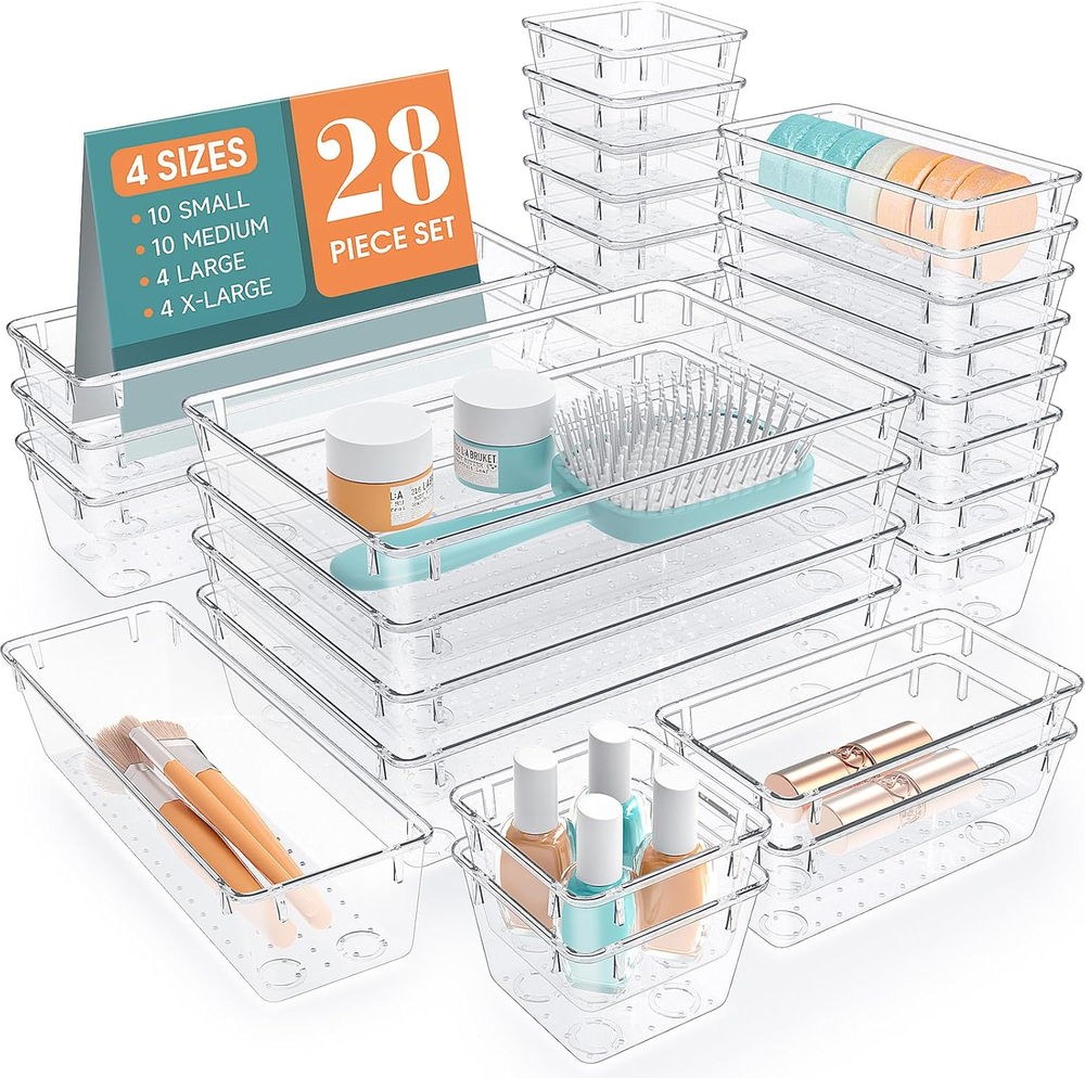 28 PCS Clear Plastic Drawer Organizers Set, 4 Size Desk Drawer Organizer Trays f