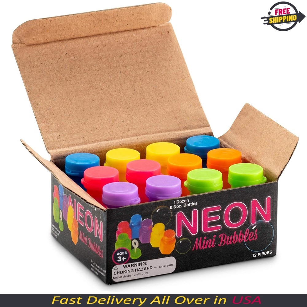 Mini Neon Party Bubbles for Kids - (Pack of 12) Bulk Wands and Bottles for Blowi