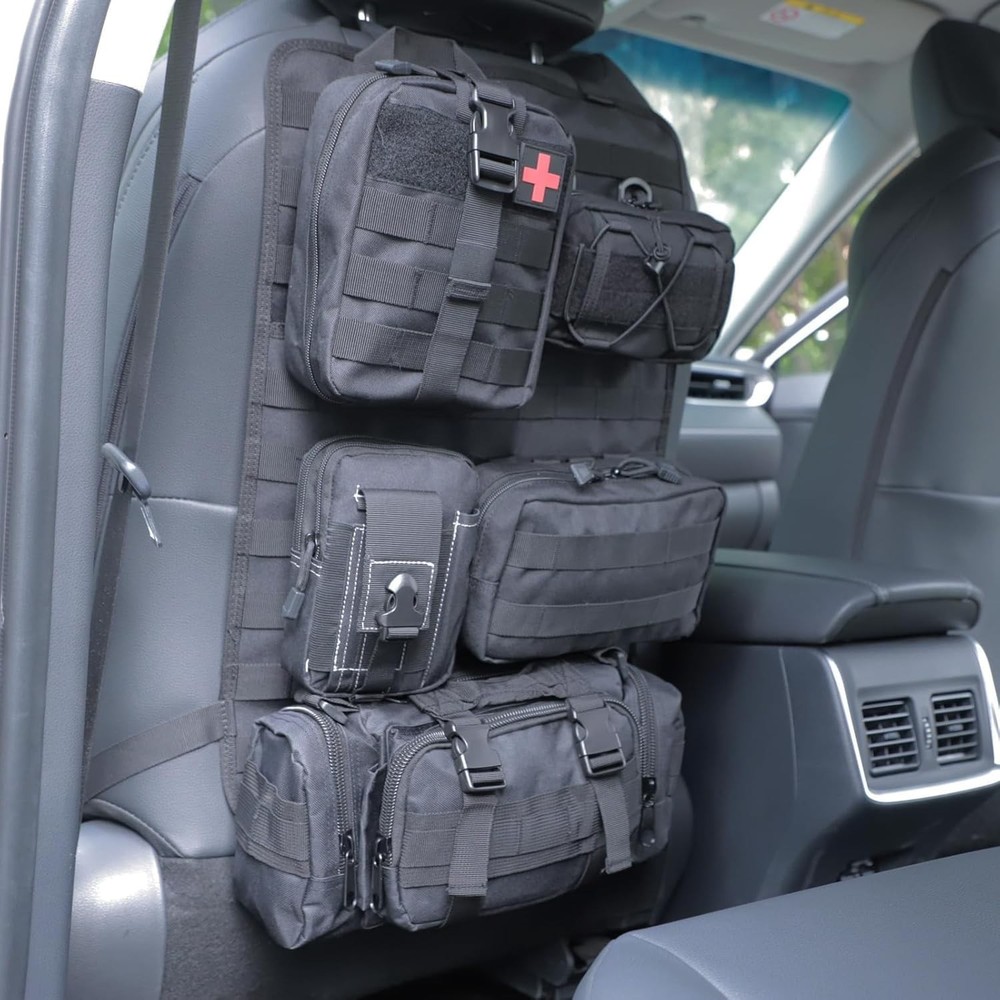 Truck seat organizer with tactical storage in black