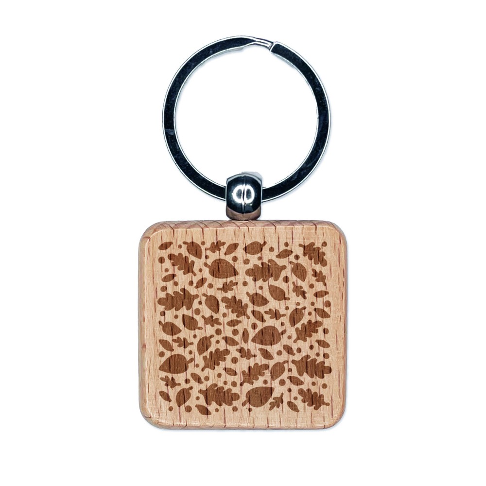 Falling Leaves Engraved Wood Square Keychain Tag Charm