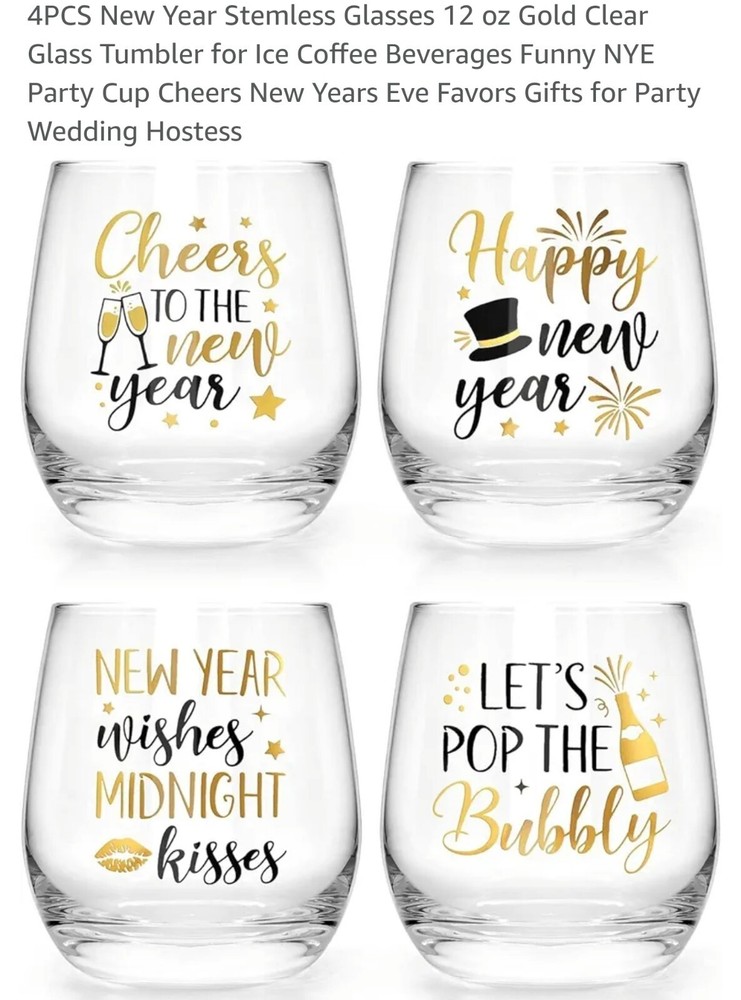 Stemless NEW YEARS EVE.  Glasses Tumbler Set of 4- Drinking Glassware-image