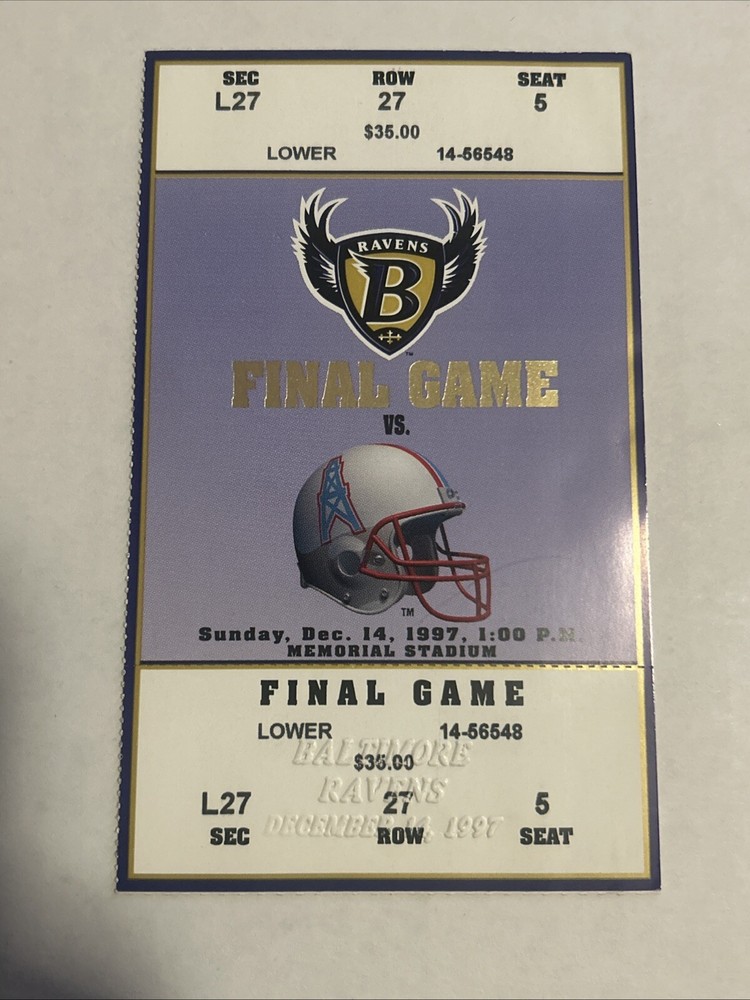 1997 Baltimore Ravens Final Game Ticket at Memorial Stadium vs Houston Oilers