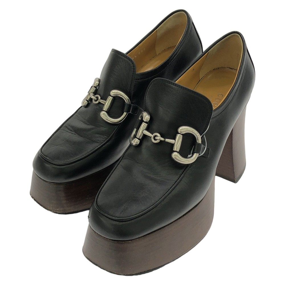 GUCCI Black Leather Horsebit High Heel Loafers Size 36.5 Preowned