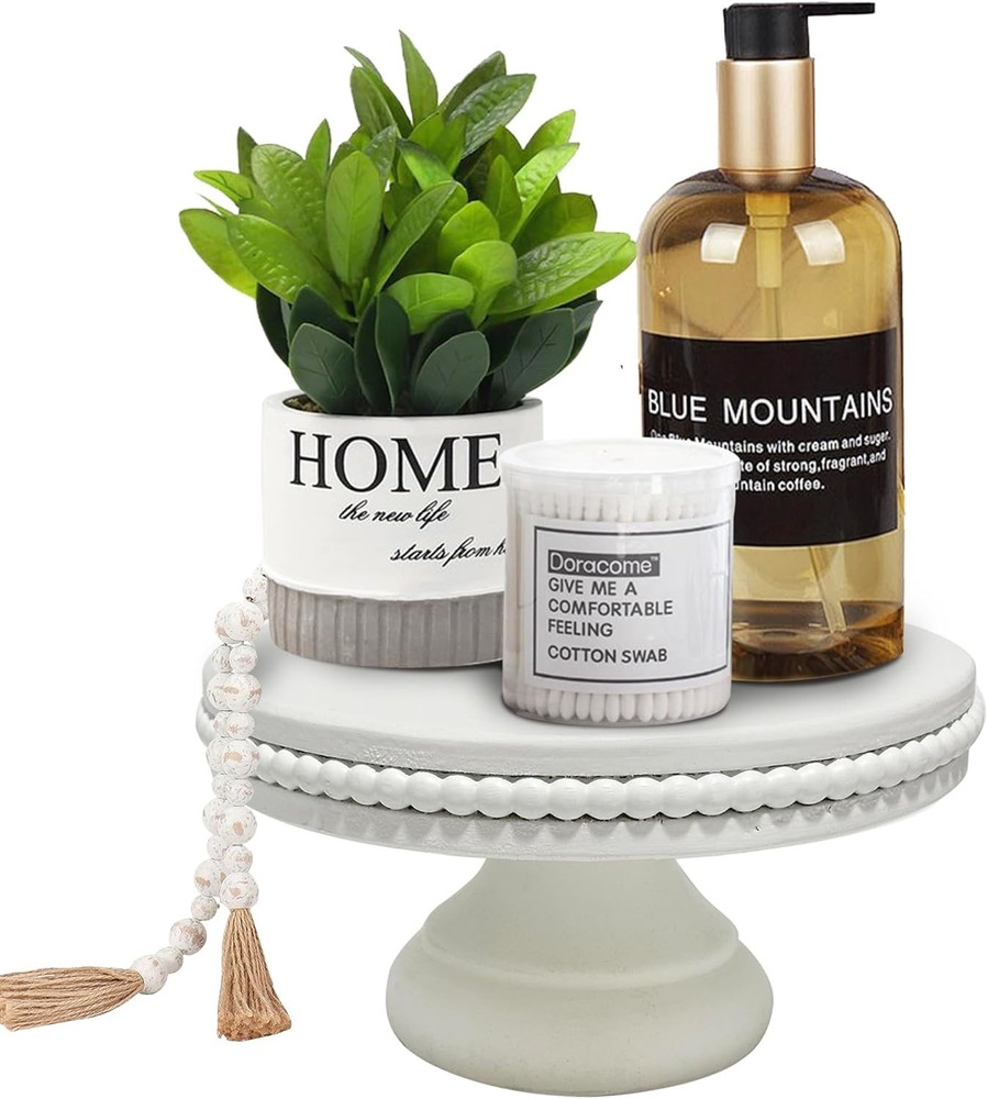 Whitewashed wood display riser with shabby chic base tray accents