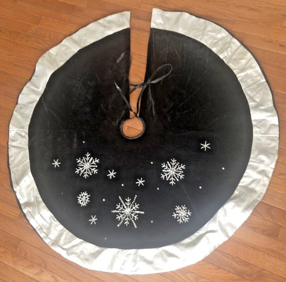 Black Velvet Silver Trimmed and Embellished 48” Tree Skirt