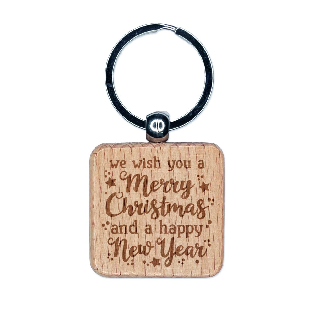 Merry Christmas Happy New Year Engraved Wooden Keychain Charm  